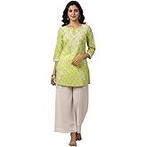 Silakaari Women's Green Printed MUL Lucknowi Short Kurti