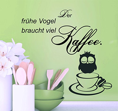 greenluup® Wandtattoo Spruch der frühe Vogel braucht viel Kaffee Küche Esszimmer Schlafzimmer in Schwarz - 3