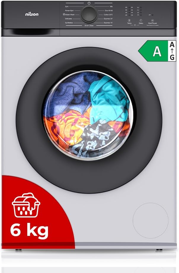 Nilson Lavadora 6Kg Carga Frontal Blanco NL6200AI. 1600W, 1200rpm, Motor Inverter, 11 Programas, Función Stop&Go, Tambor Diamante, Clase de Eficiencia Energética A