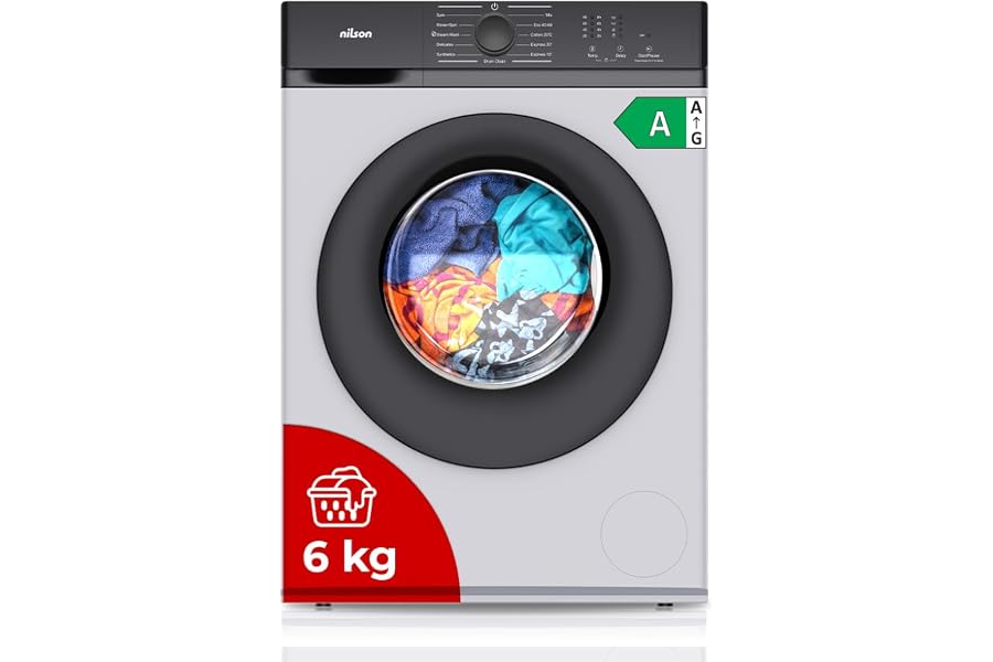 Nilson Lavadora 6Kg Carga Frontal Blanco NL6200AI. 1600W, 1200rpm, Motor Inverter, 11 Programas, Función Stop&Go, Tambor Diam