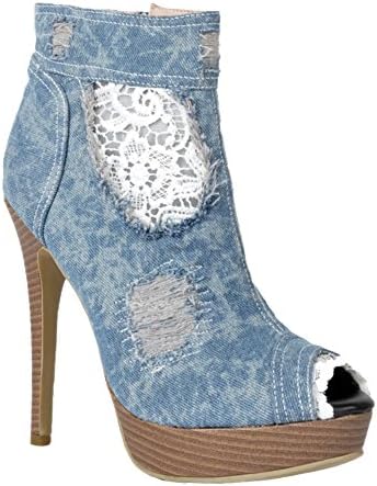 Kolnoo Womens Handmade Demin High Heel Platform Peep-toe Sexy Ankle Boots Fashion Shoes Blue EU37