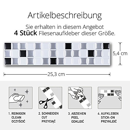 4er Set 25,3 x 5,4 cm Grandora Mosaik 3D Fliesenaufkleber W5194 selbstklebend Küche Bad Wandaufkleber Fliesendekor Folie schwarz weiß silber - 3