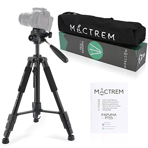 Dreibein-Kamera Stativ aus Aluminium MACTREM PT55 55Zoll mit Schnellwechselplatte und Tragetasche fr Spiegelreflex- und Videokameras von Nikon, Sony uvm (Schwarz)