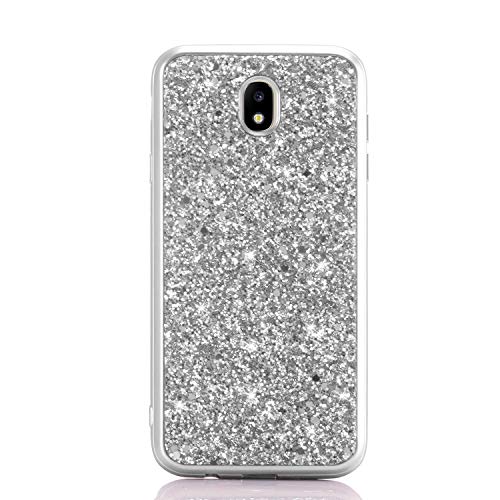 Preisvergleich Produktbild Karomenic Silikon Hülle kompatibel mit Samsung Galaxy J7 2017 Glänzend Bling Strass Schutzhülle Männer Mädchen Ultra Slim 2 in 1 Weiche TPU Handyhülle Plastik Hard PC Tasche Bumper Case,Silber