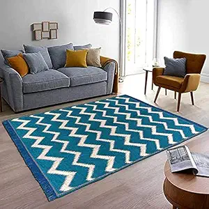 Linen Basics Designer Superfine Exclusive Velvet Chenille Carpet / Area Rug /Bedside Runner, Chenille Living Room Carpet, Durries in Zig Zag Style (Aqua Blue, 4.5x6 Feet)