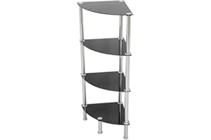 MAHARA 4 Tier Chrome Effect Black Corner Glass Shelving Unit - Tempered Safety Glass Shelves Max 5kg - Storage Unit W41cm x D30cm x H86.5cm - Bedroom Storage/Living Room Accessories/Home Accessories