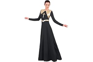 IBTOM CASTLE Liturgical Praise Dress for Women with Cross Pattern Long Sleeve O Neck Ballet Dance Costume for Adults Church Prayer Costume Long Dress with Fitted Skirt Sexy Gifts for Women
