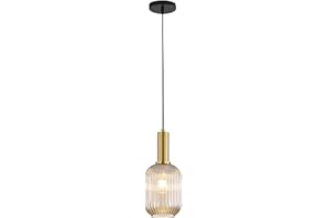 HJXDtech Lámpara Colgante Industrial con Pantalla de Cristal a Rayas, Vintage Dorado E27 Lámpara Suspendida de Techo Ajustable para Cocina Comedor Salón Bar Pasillo Restaurante (Ámbar, 13 cm)