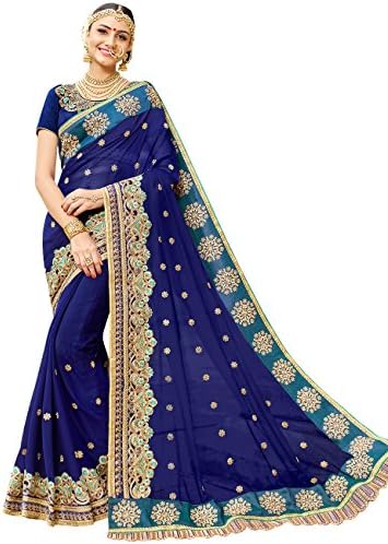 Simaaya Indian Ethnic Faux Georgette Navy Blue Bridal &amp; Wedding Saree