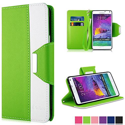 Note 4 Hülle - Vakoo Bookstyle Schutzhülle Flip Case Premium PU-Leder Tasche Hülle für Samsung Galaxy Note 4 (Grün Weiß)