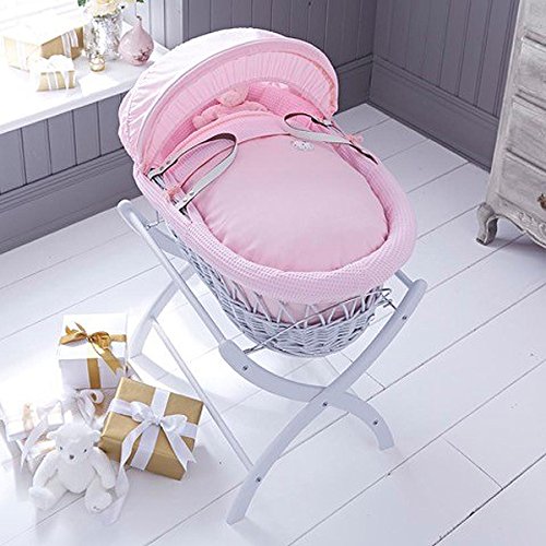 Izziwotnot Pretty Pink Gift Wicker Moses Basket, Soft Grey