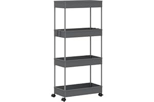 Klihome Carrello da Cucina con Ruote, Carrello a 4 Livelli, Carrellino Portaoggetti Stretto con 4 Ganci, Scaffale da Cucina, Bagno e Lavanderia, 39x20,5x84 cm, Grigio