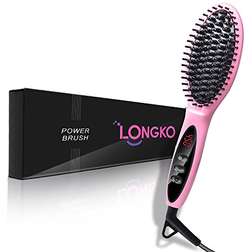 LONGKO Hair Straightener Straightening Brush - Hair Straightening Brush Ceramic Straightener Comb Adjustable 450?/230? Temperature 30min Timer Auto Lock for Smooth Silky Hair Styling Salon (Pink)