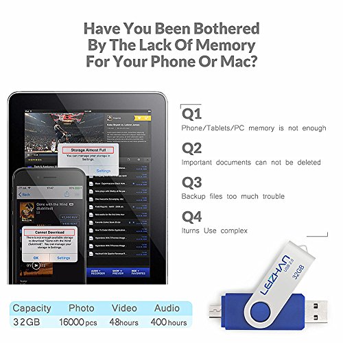 LEIZHAN PenDrive Chiavetta USB 32GB Memory Sticks OTG(On the Go) 2 in 1(Micro USB & USB 2.0) Dispositivo di Archiviazione Supporto Telefono Android Tablet PC blu