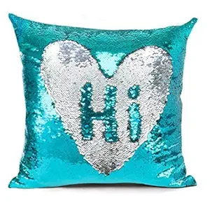 SK Handloom Udyog Stylish Sequin Mermaid Throw Pillow Cover with Magical Color Changing Reversible Paulette Design Decor Cushion Pillowcase Set of 1 (16X16 inch) -SKH-FIROZI&Silver-(16X16)-05