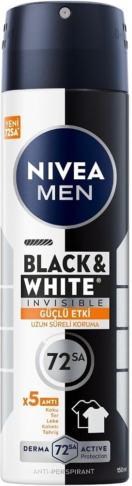 NIVEA MEN Erkek Sprey Deodorant Black&White Invisible Güçlü Etki 150 ml, 72Saat Anti Perspirant Terleme ve Ter Kokusuna Karşı Koruma,Kıyafetlerde Leke Karşıtı
