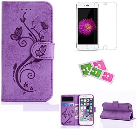 iPhone 6 / 6s Case, JGNTJLS [2016 Latest Styles] [with Free Tempered Glass Screen Protector and Cleaning Paper] Simple, Stylish, Embossing-Pattern(Gradient Pure-Colorful, Exquisite-Stripe Design), Suedette-Shell(Silky Touch Fully), Internal-TPU(Soft and Smooth) Filp PU Leather Wallet Card Slot Stand Cover Perfectly Fit For Apple iPhone 6 / 6s 4.7" Inch (Butterfly,Purple)