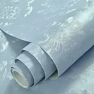 Wolpin Wall Stickers Wallpaper Damask (60 x 300 cm) Flowers Beautiful Embossed Living Room Decoration, Hall, Sofa Background Decal Self Adhesive, Blue