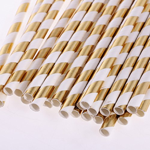 MagiDeal Papier Trinkhalm Biologisch Papier Stroh, 25 Stück – Weiß Gold, 20cm - 3