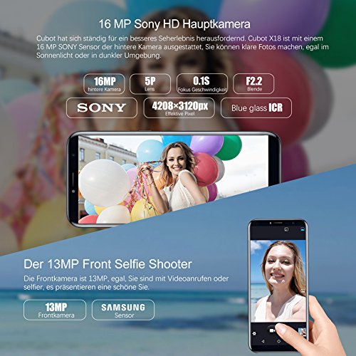 Cubot X18 4G Smartphone Ohne Vertrag (5.7 Zoll (19cm) IPS Touch Display Handy, RÃ¼ckseitenkamera 16MP (mit 1000mha LED Blitz), 13MP Frontkamera (weiches Licht selfie), 3GB RAM, 32GB Speicher, UnterstÃ¼tzung 128GB TF-Karte Expansion, 3200 mAh Batterie, Dual SIM Karten Dual Standby) Blau