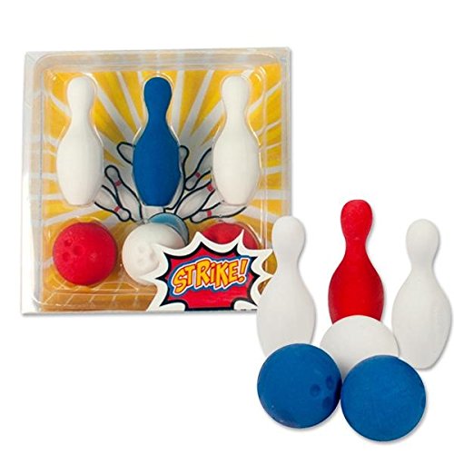 6x Set Radiergummi Bowling, 3 Kegel, 3 Bowlingkugeln je Set, Mitgebsel Kegelparty, Jungenparty