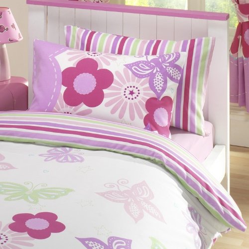GIRLS REVERSIBLE DOUBLE DUVET QUILT COVER BEDDING SET PINK LILAC SUNNY DAYS NEW