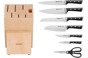 Tefal Ice Force – Bloque de 7 cuchillos: Pan 20 cm, Chef 20cm, Santoku 18 cm, Universal 11cm, Pelar 9cm | Acero Inoxidable Alemán, Corte Preciso, Mango Remachado, Resistente a la Corrosión