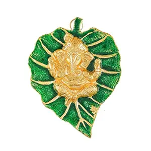 Great Art Metal Lord of Ganesh Sitting On Pipal Left/Home Office Wall Hanging Golden Color