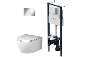 AM.PM Pack WC suspendu Kit complet de WC suspendu, élément de paroi avant montage Prime Fit + WC mural blanc sans rebord de chasse+ plaque de déclenchement + abattant WC avec système d'abaissement
