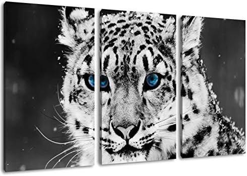 snow leopard black and white portrait painting on canvas, 3-piece (Total Size: 47.2" x 31.5") huge Pictures completely framed with stretcher, Art print on wall picture with frame