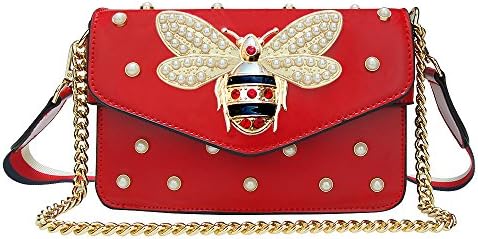 Beatful Designer Pu Leather Handbags for Women, Fashion Bee Shoulder Bags Cross Body Bag with Pearl (Red)