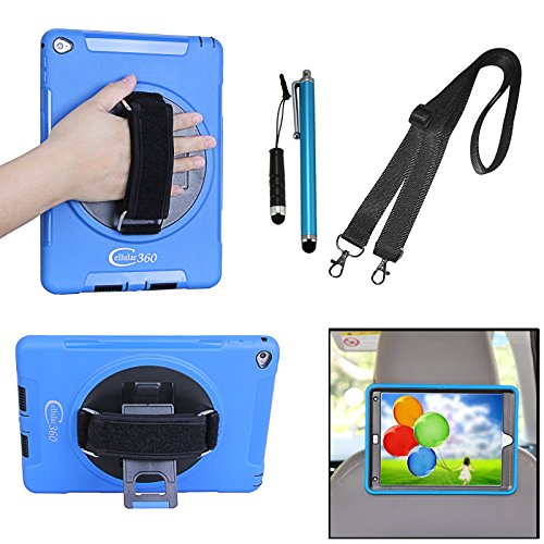Cellular360 Apple iPad Air 2 Schock-und Drop-proof Hülle, Kopfstützen-Halterung mit einem Griff, einem Schultergurt und einem 360 Grad drehbaren Standfußdrehbaren (Schulterriemen-Blau)