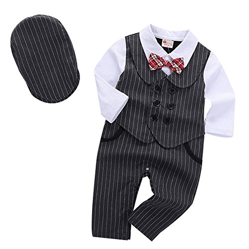 Baby Jungen Strampler Smoking Gentleman Anzug Langarm Outfits Herbst-Frühling Kleidung Jumpsuit Spielanzug Fliege Taufkleidung mit Hut (Grau, 90/9-12 Monate) - 2