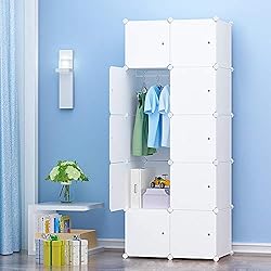 PREMAG Armoire Penderie Portable Storage Modulable Meuble Étagères de Rangement DIY avec Blanc Portes pour Vêtements Chaussures Jouets Livres Bibelots (10-Cube, Stickers supplémentaires Inclus)