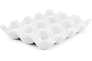 Flexzion Huevera de cerámica para 12 huevos, bandeja para huevos de porcelana, bandeja de almacenamiento antideslizante, bandeja para huevos, bandeja para huevos, bandeja para huevos, caja para