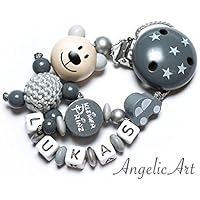 Schnullerkette mit Namen Junge BEAR Kleiner Prinz Auto Grau