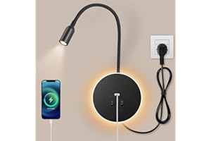 Awekliy Lampa ścienna LED, 3W lampa do czytania, z portem ładowania USB,obracana o, lampka nocna, 8W lampa ścienna led, z przełącznikiem, do sypialni, salonu,3000 K, Z kablem i wtyczką (Czarny)