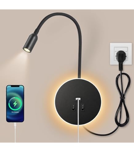 Lámpara De Lectura De Pared Dorada | Cuello De Cisne Flexible, LED 3W Blanco Cálido | Para Cabecera, Dormitorio O Estudio