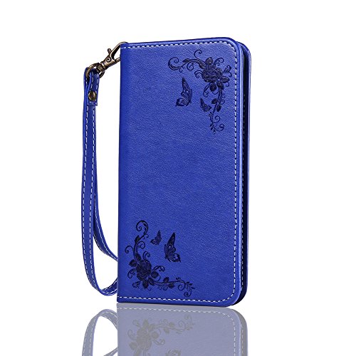 SKYXD Leder Hülle für Samsung Galaxy A3 2016 Rosen Blumen und Schmetterlings Muster,PU Folio Klappbar SchutzHülle [Brieftasche Kartenfach / Magnet / Standfunktion / Trageschlaufe] KlappHülle für mit [Eule Handyanhänger + Eingabestift] 3 in 1 Zubehör Set Handy Tasche Etui for für Samsung Galaxy A3 2016 A310F Bookstyle Flip Case Leather Cover With [Stylus and Dust Plug]- Blau - 2