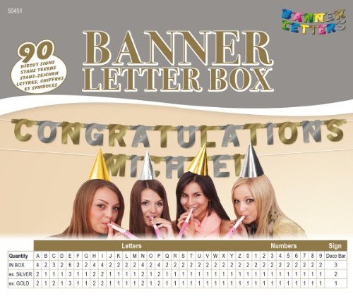 Erstelle deine eigene Girlande in Silber und Gold! // MEGA BANNER LETTER BOX für eine individuelle Buchstaben Girlande mit 90 silbernen/goldenen Buchstaben, Zahlen und Zeichen + 25 Verbinder und Schnur // Wimpelkette Geburtstag Jubiläum Party Silberhochzeit Gold Hochzeit 25 50 Feier Fete Happy Birthday