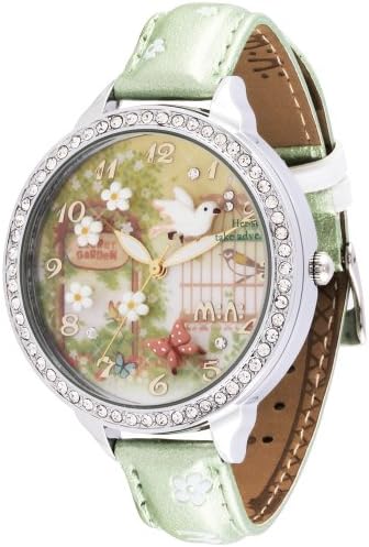 Oh My Lady* Green Innovative 3D Miniature, Flowers, Butterflies, Birds, Secret Garden Themed High Qaulity Waterproof Watch with GENUINE LEATHER Strap &amp; Delicate Handcraft Clay Art - Gift Boxed