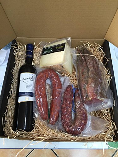 Cesta lote gourmet de regalo navideño empleados con salchichón y chorizo herradura ibérico, lomo extra curado, cuña de queso curado y vino crianza Marques de Carrión