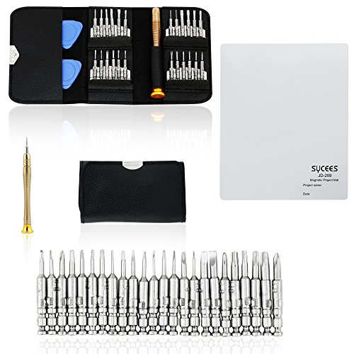 SYCEES Gehärtet Mini Schraubendreher Set inkl. Magnetische Projektmatte, 25-teilig Präzisions Magnetisierbar Wechseleinsätze mit 2 Plektron Reparatur Set für Apple Handy PC Laptop Kamera, Brillen, Uhren iPhone 6 6s plus (25 in 1 Schraubendreher Set & Magnetische Projektmatte)