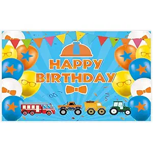 Allenjoy 5x3ft Happy Birthday Themed Blue Blippi Party Backdrop for Kids Birthday Decors Props Cartoon Fire Truck Digger Background Supplies Banners Baby Shower Cake Smash Studio Pictures Shoot Favors