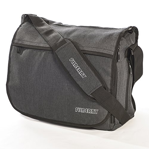 UNISEX BABY CHANGING BAG that Dads love too! LARGE Deluxe MESSENGER style in Grey/Black. 11 pockets & FREE Nappy Changing Mat & Insulated Bottle Bag worth £25. Funky, cool designer look from Filberry. TOP ZIP for quick access. Perfect for Men, Boys, Twins, Toddlers.