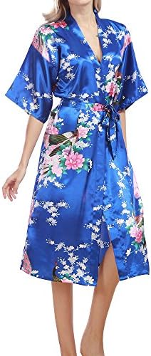 TIAQUE Ladies Silk Satin Kimono Robe Floral Peacock Long Gown Sleepwear Nightdress Royalblue UK 14