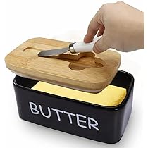 Burriera In Ceramica Con Coperchio In Bambù - Portaburro Da Frigo 16.5x10x7.5cm, Include Coltello E Spugna - Foto 7