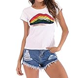 Moserian Damen Fashion Kurzarm Pailletten Lips Weiß Casual T-Shirt