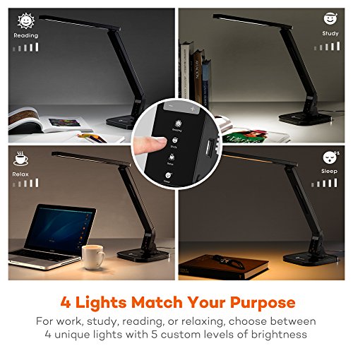 TaoTronics Desk Lamp, LED Desk Lamp with USB Charging Port, 4 Lighting Mode with 5 Brightness Levels, Timer, Memory Function, Black