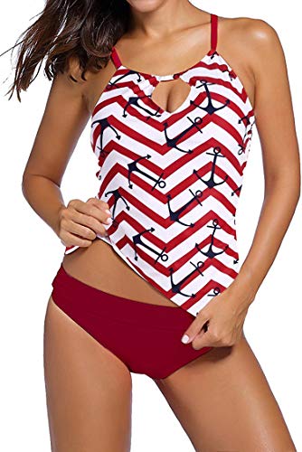MEMORY BABY Mujeres Bañador Dos Piezas Push Up Traje de baño con Rayas Strappy Impreso(Rojo,L)